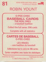 1983 O-Pee-Chee Stickers #81 Robin Yount Back