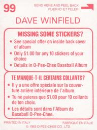 1983 O-Pee-Chee Stickers #99 Dave Winfield Back