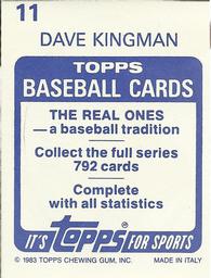 1983 Topps Stickers #11 Dave Kingman Back
