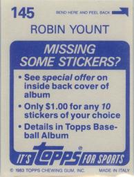 1983 Topps Stickers #145 Robin Yount Back