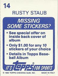 1983 Topps Stickers #14 Rusty Staub Back