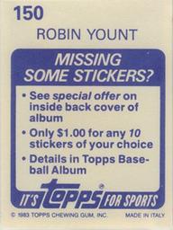 1983 Topps Stickers #150 Robin Yount Back