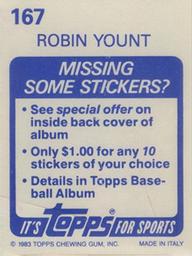 1983 Topps Stickers #167 Robin Yount Back