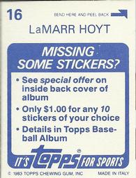 1983 Topps Stickers #16 LaMarr Hoyt Back