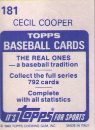 1983 Topps Stickers #181 Cecil Cooper Back