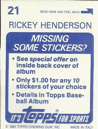 1983 Topps Stickers #21 Rickey Henderson Back