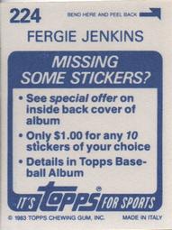 1983 Topps Stickers #224 Fergie Jenkins Back