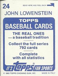 1983 Topps Stickers #24 John Lowenstein Back