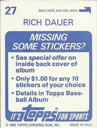 1983 Topps Stickers #27 Rich Dauer Back