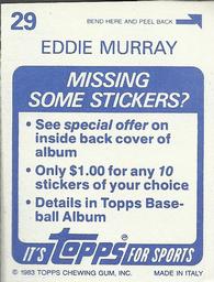 1983 Topps Stickers #29 Eddie Murray Back