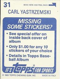 1983 Topps Stickers #31 Carl Yastrzemski Back