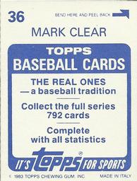 1983 Topps Stickers #36 Mark Clear Back
