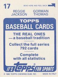 1983 Topps Stickers #17 Reggie Jackson / Gorman Thomas Back