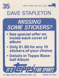 1983 Topps Stickers #35 Dave Stapleton Back