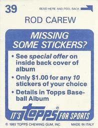 1983 Topps Stickers #39 Rod Carew Back
