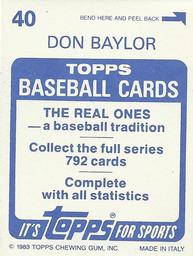 1983 Topps Stickers #40 Don Baylor Back