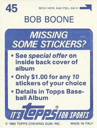 1983 Topps Stickers #45 Bob Boone Back