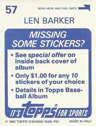 1983 Topps Stickers #57 Len Barker Back