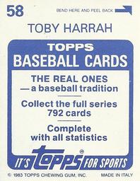 1983 Topps Stickers #58 Toby Harrah Back