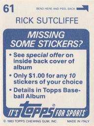 1983 Topps Stickers #61 Rick Sutcliffe Back