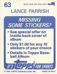 1983 Topps Stickers #63 Lance Parrish Back