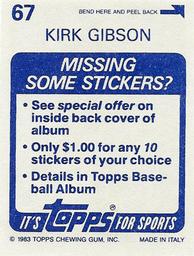 1983 Topps Stickers #67 Kirk Gibson Back