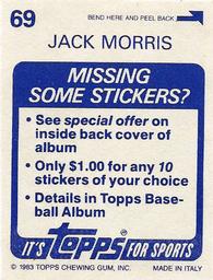 1983 Topps Stickers #69 Jack Morris Back