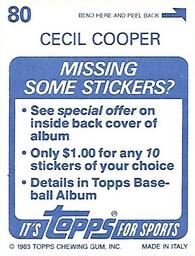 1983 Topps Stickers #80 Cecil Cooper Back