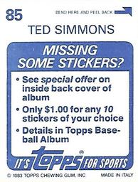 1983 Topps Stickers #85 Ted Simmons Back