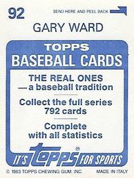1983 Topps Stickers #92 Gary Ward Back