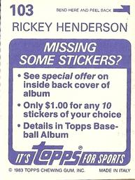1983 Topps Stickers #103 Rickey Henderson Back