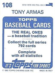 1983 Topps Stickers #108 Tony Armas Back