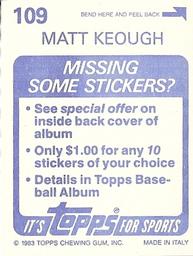 1983 Topps Stickers #109 Matt Keough Back