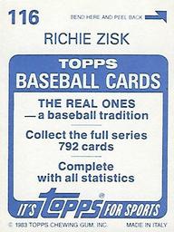 1983 Topps Stickers #116 Richie Zisk Back