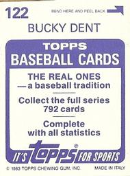 1983 Topps Stickers #122 Bucky Dent Back