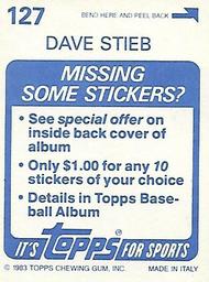 1983 Topps Stickers #127 Dave Stieb Back