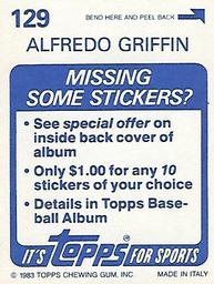1983 Topps Stickers #129 Alfredo Griffin Back