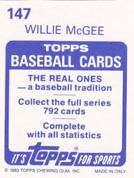 1983 Topps Stickers #147 Willie McGee Back