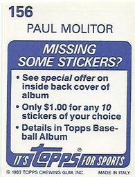 1983 Topps Stickers #156 Paul Molitor Back