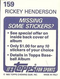1983 Topps Stickers #159 Rickey Henderson Back