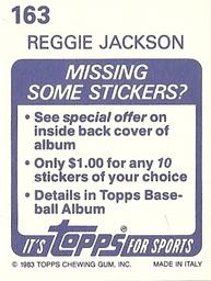 1983 Topps Stickers #163 Reggie Jackson Back