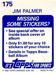 1983 Topps Stickers #175 Jim Palmer Back