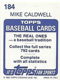 1983 Topps Stickers #184 Mike Caldwell Back