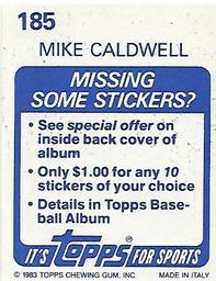 1983 Topps Stickers #185 Mike Caldwell Back