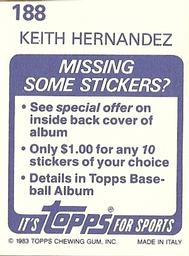 1983 Topps Stickers #188 Keith Hernandez Back