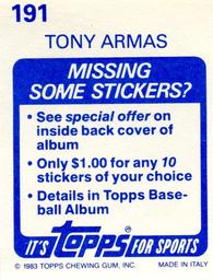 1983 Topps Stickers #191 Tony Armas Back