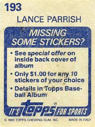 1983 Topps Stickers #193 Lance Parrish Back