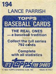 1983 Topps Stickers #194 Lance Parrish Back