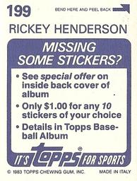 1983 Topps Stickers #199 Rickey Henderson Back