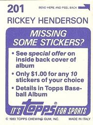 1983 Topps Stickers #201 Rickey Henderson Back